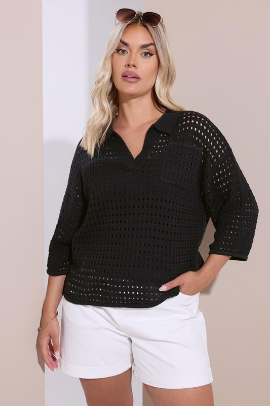 evans YOURS Curve Black Crochet Collared Knitted Jumper