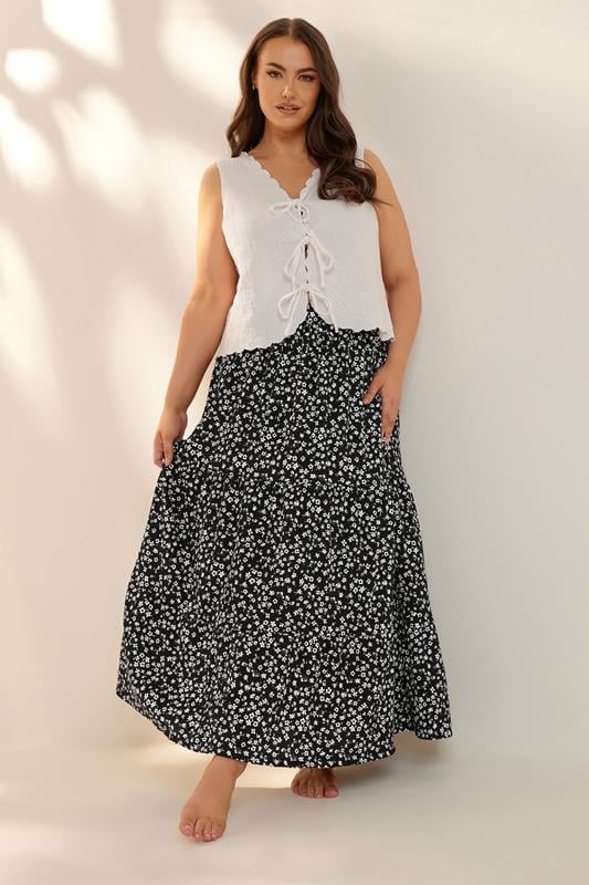 evans YOURS Curve Black Ditsy Floral Tiered Midaxi Skirt