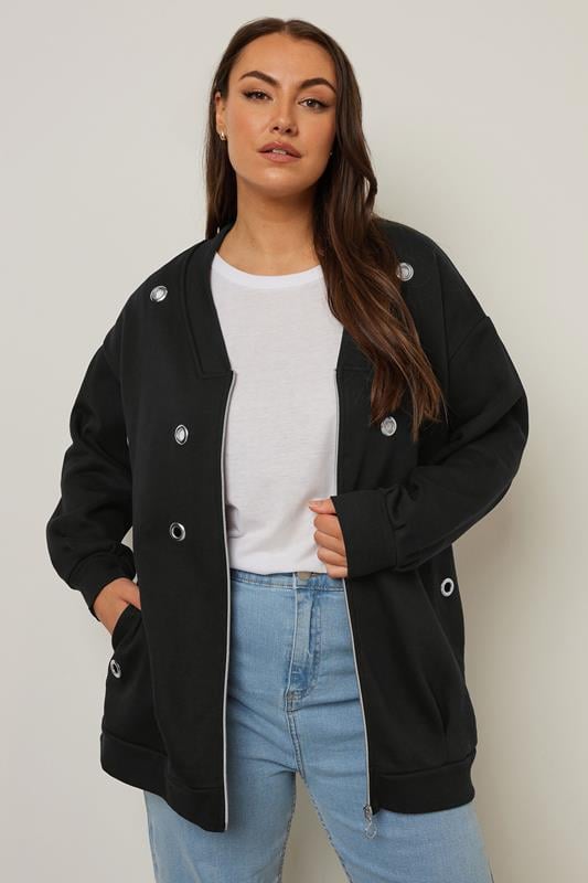 evans YOURS Curve Black Eyelet Zip Through Bomber Jacket