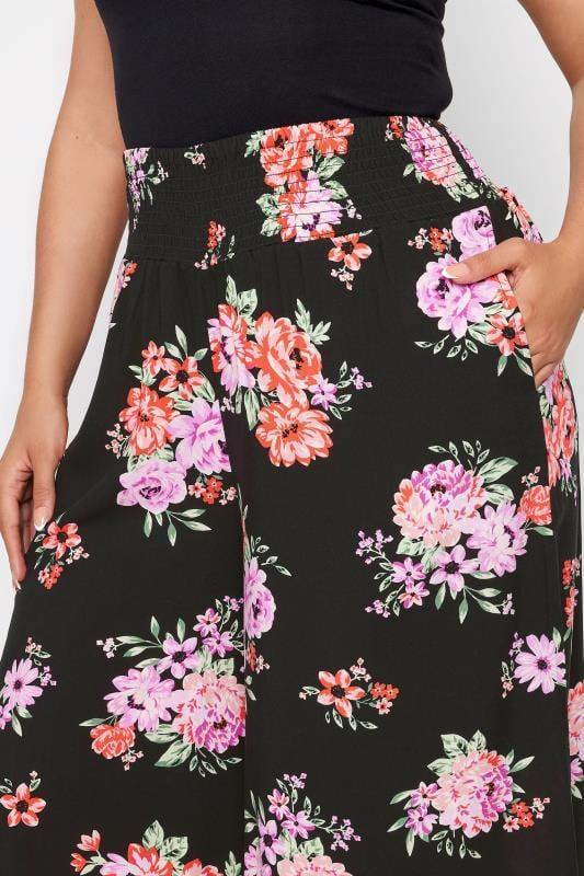 Evans YOURS Curve Black Floral Bloom Print Shirred Wide Leg Trousers
