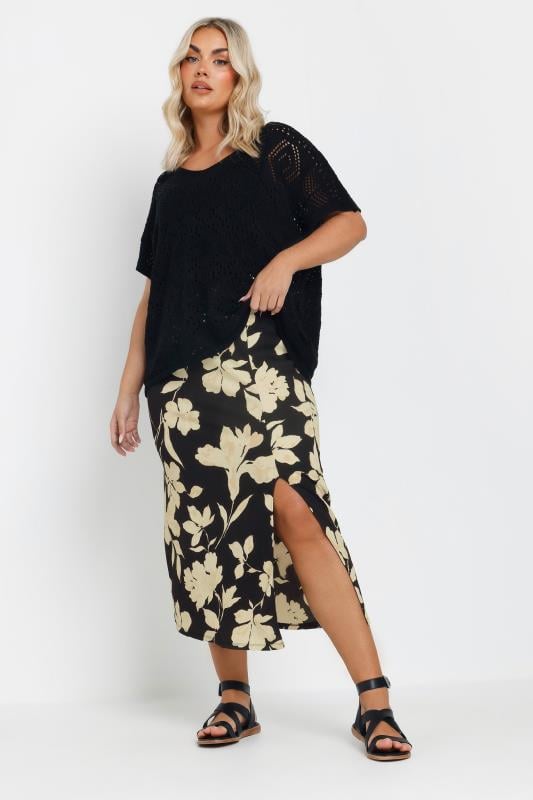 Evans YOURS Curve Black Floral Print Textured Maxi Skirt