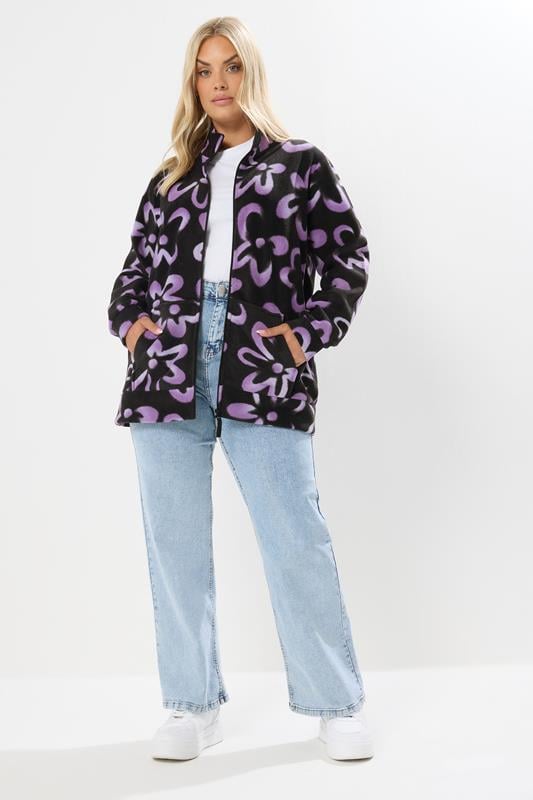 Evans YOURS Curve Black Floral Zip Through Fleece Jacket