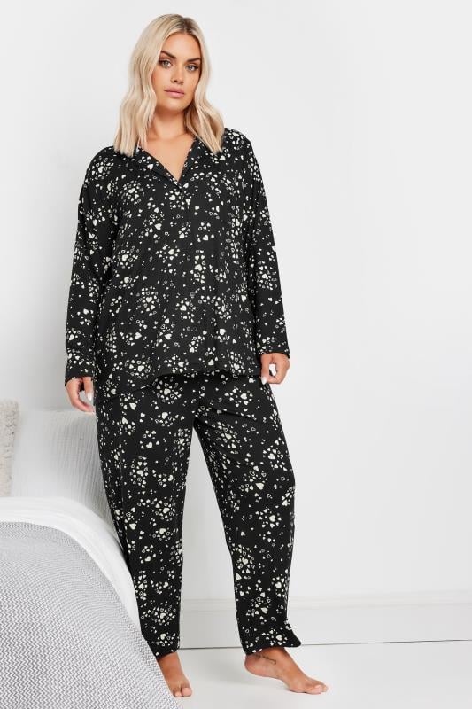 Evans YOURS Curve Black Heart Print Soft Touch Pyjama Set