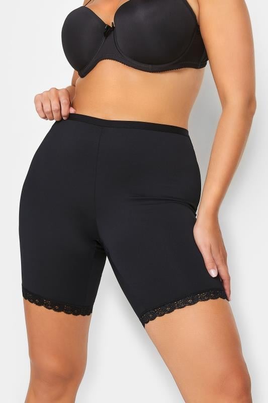 Evans YOURS Curve Black Lace Trim Anti Chafing High Waisted Shorts