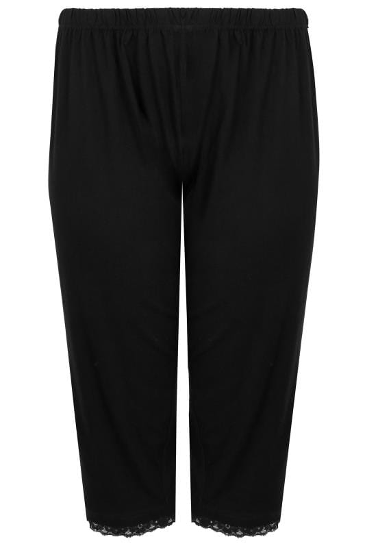 Evans YOURS Curve Black Lace Trim Crop Pyjama Bottoms