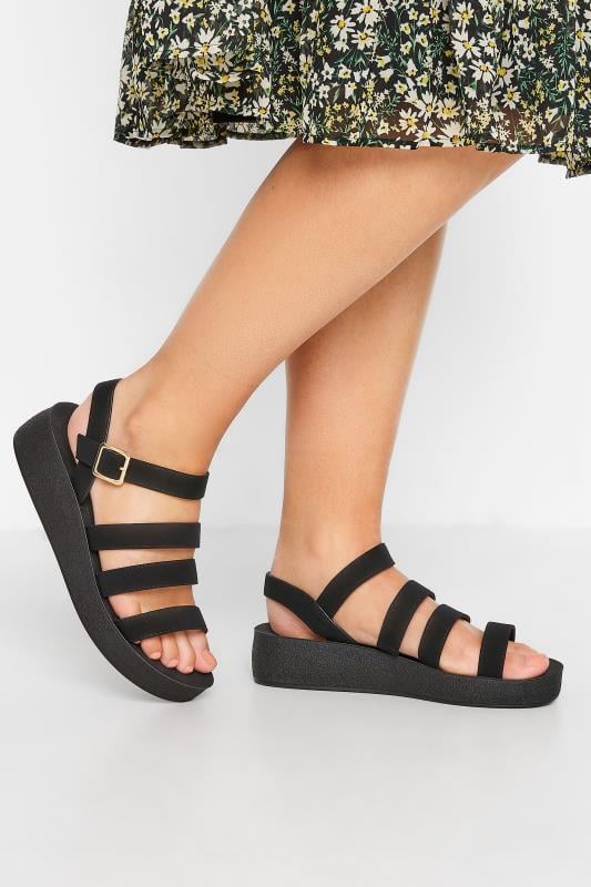 evans Yours Curve Black Multi Strap Sporty Platform Sandals In Extra Wide EEE Fit