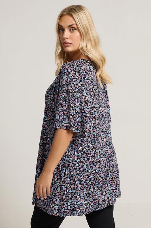 Evans YOURS Curve Black & Purple Floral Print Pleat Front Top