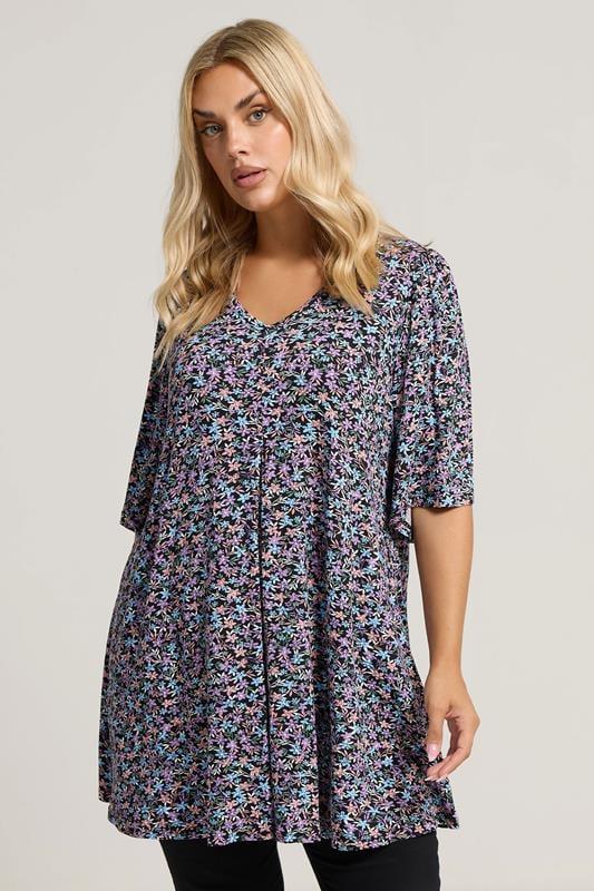 evans YOURS Curve Black & Purple Floral Print Pleat Front Top