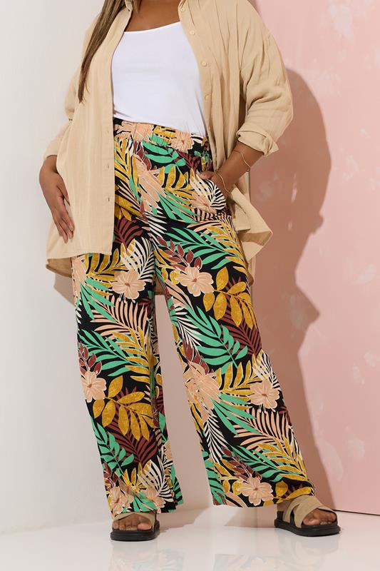 Evans YOURS Curve Black Tropical Print Wide Leg Trousers