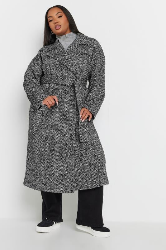 Evans YOURS Curve Black Woven Herringbone Belted Maxi Coat