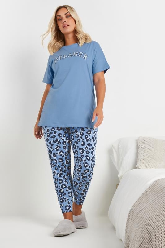 Evans YOURS Curve Blue Leopard Print Cuffed Pyjama Bottoms