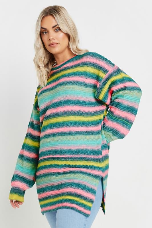 evans YOURS Curve Blue Stripe Longline Knitted Jumper