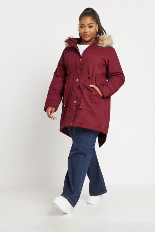 Evans YOURS Curve Burgundy Red Faux Fur Trim Parka Coat