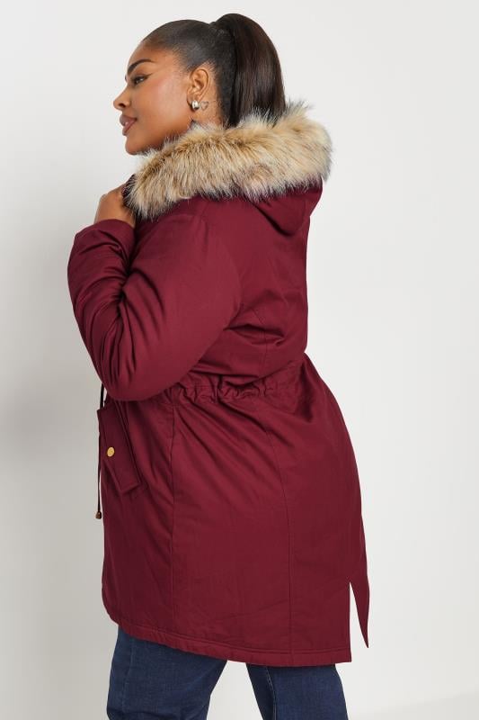 Evans YOURS Curve Burgundy Red Faux Fur Trim Parka Coat