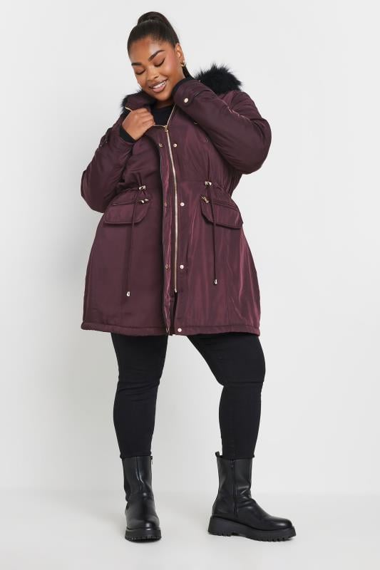 Evans YOURS Curve Burgundy Red Faux Fur Trim Plush Parka Jacket