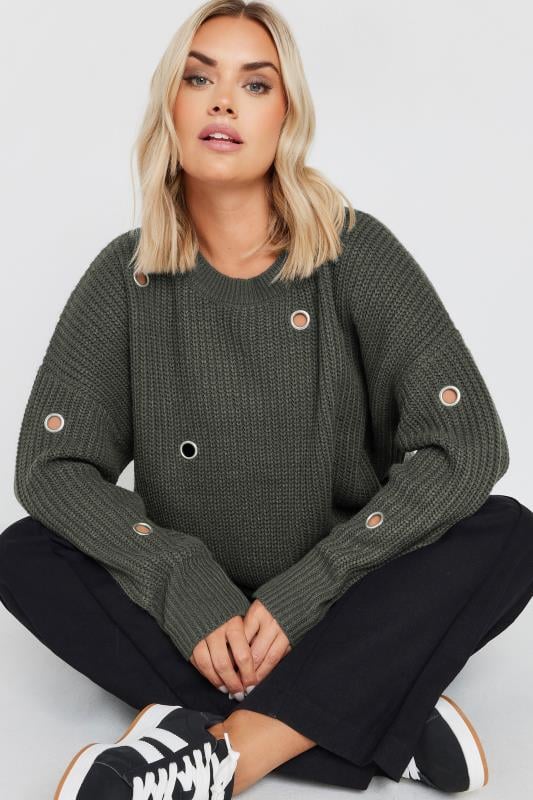 evans YOURS Curve Charcoal Grey Eyelet Knitted Jumper