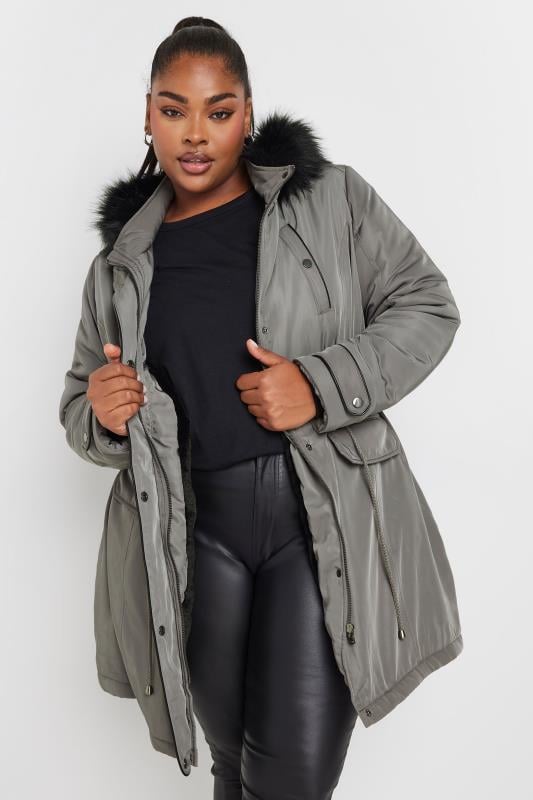 evans YOURS Curve Charcoal Grey Faux Fur Trim Plush Parka Jacket