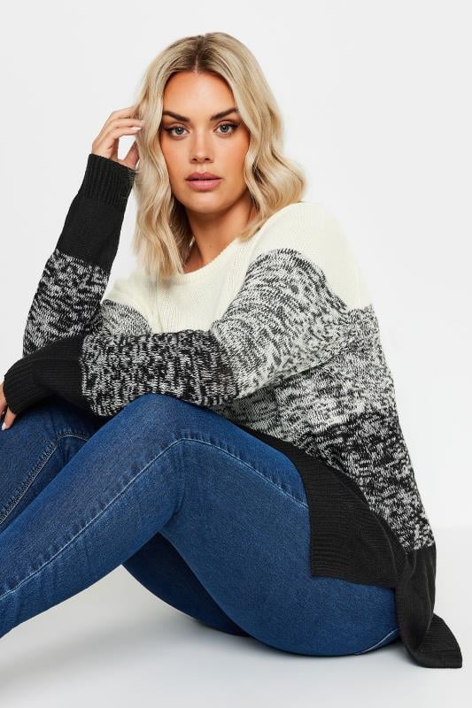 Evans YOURS Curve Grey Colourblock Stripe Knitted Jumper