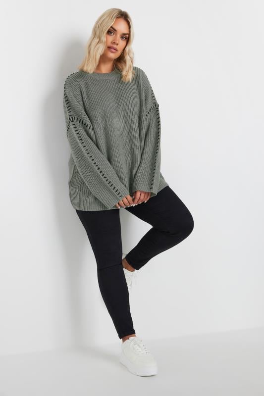 Evans YOURS Curve Grey Contrast Blanket Stitch Jumper