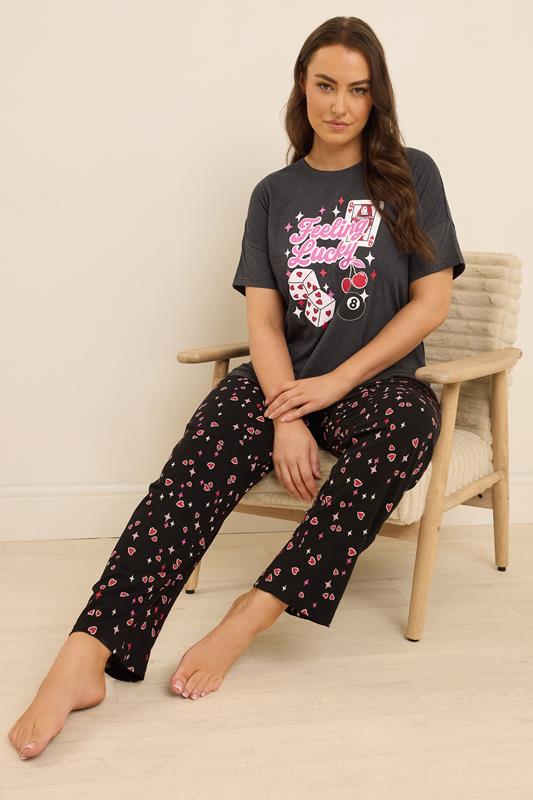 Evans YOURS Curve Grey 'Feeling Lucky' Slogan Wide Leg Pyjama Set