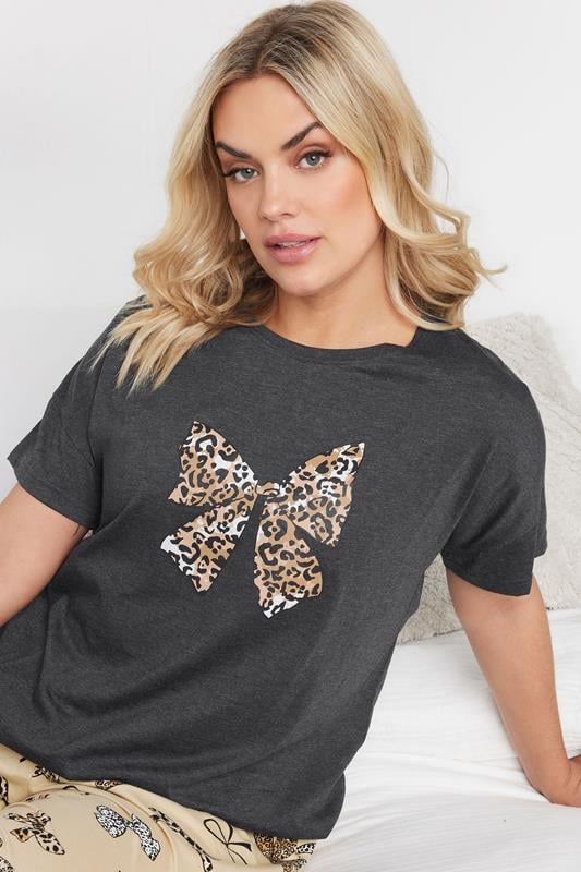 Evans YOURS Curve Grey Leopard Bow Print Wide Leg Pyjama Set