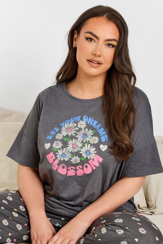 Evans YOURS Curve Grey 'Let Your Dreams Blossom' Floral Wide Leg Pyjama Set