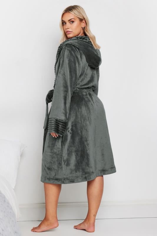 Evans YOURS Curve Grey Ribbed Trim Hooded Dressing Gown