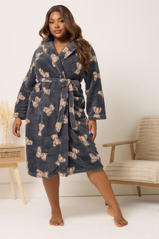 evans YOURS Curve Grey Teddy Shawl Collar Fluffy Dressing Gown