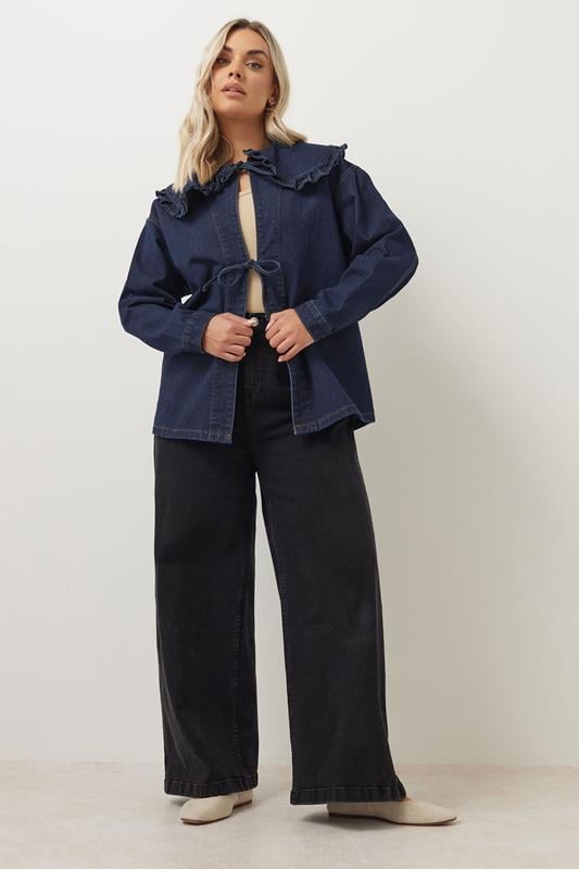 Evans YOURS Curve Indigo Blue Frill Collar Tie Front Denim Shacket