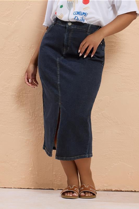 Evans YOURS Curve Indigo Blue Stretch Denim Midaxi Skirt