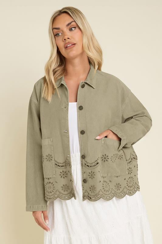 Evans YOURS Curve Khaki Green Broderie Anglaise Twill Shacket