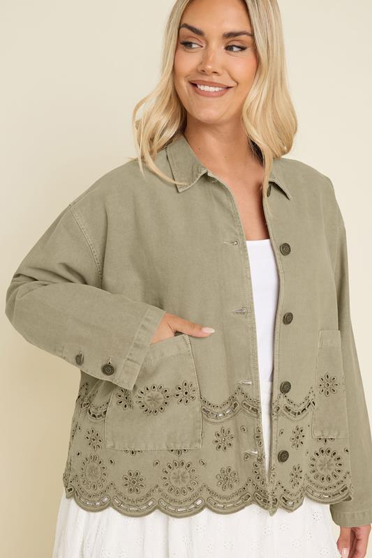 Evans YOURS Curve Khaki Green Broderie Anglaise Twill Shacket
