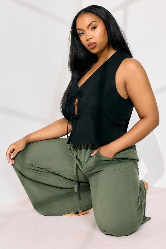 Evans YOURS Curve Khaki Green Chambray Tie Front Wide Leg Trousers