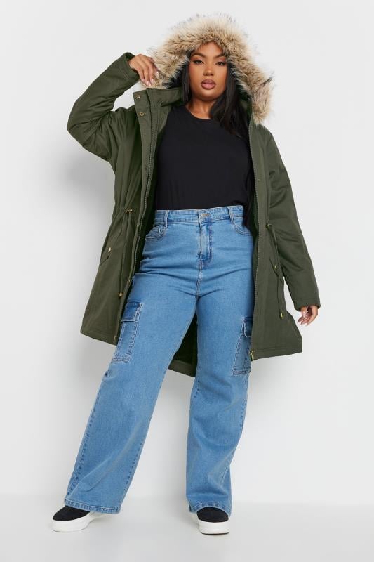 Evans YOURS Curve Khaki Green Faux Fur Trim Parka Coat