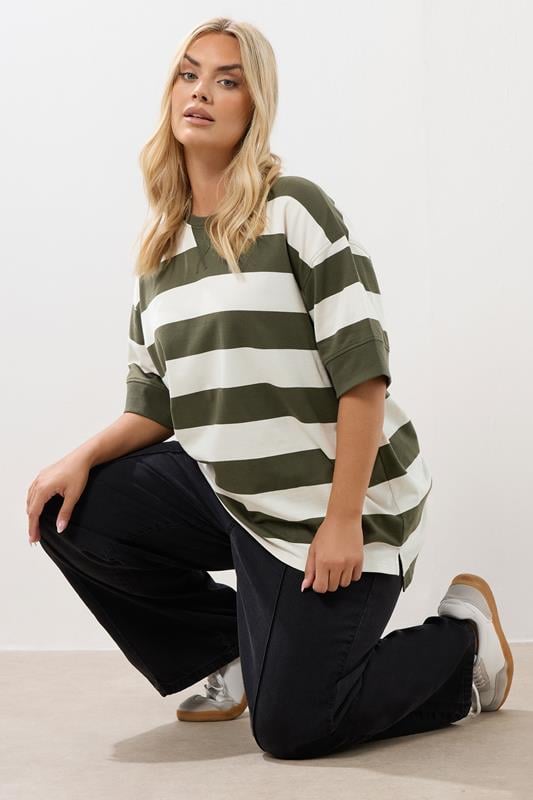 Evans YOURS Curve Khaki Green Stripe Heavyweight T-Shirt