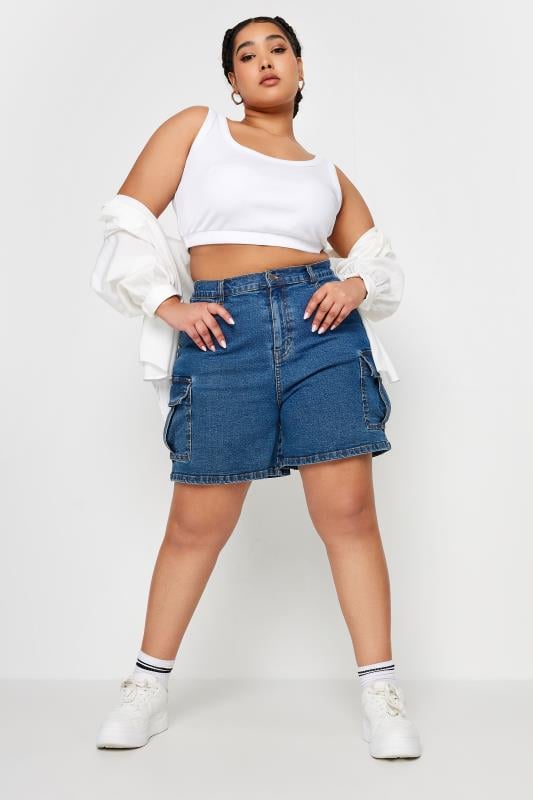 Evans YOURS Curve Mid Blue Stretch Denim Cargo Shorts