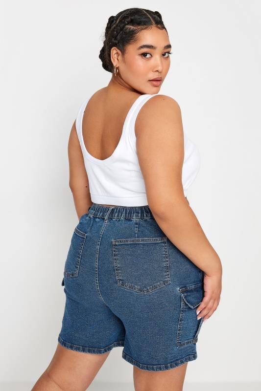 Evans YOURS Curve Mid Blue Stretch Denim Cargo Shorts