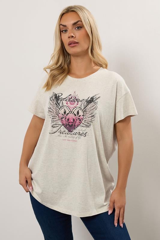evans YOURS Curve Natural Brown 'Rediscovered Treasures' Heart Print T-Shirt