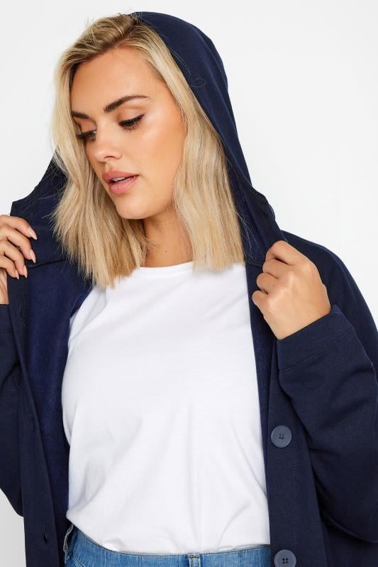 Evans YOURS Curve Navy Blue Button Through Hooded Maxi Jacket