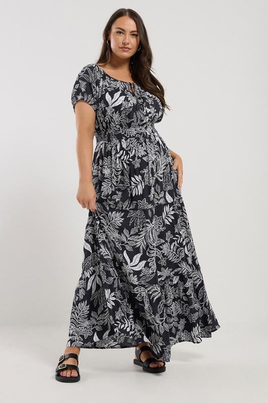 Evans YOURS Curve Navy Blue Leaf Print Tie Front Maxi Dress
