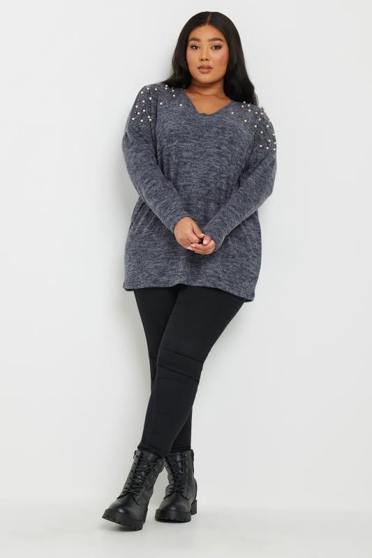 Evans YOURS Curve Navy Blue Pearl Embellished Jumper