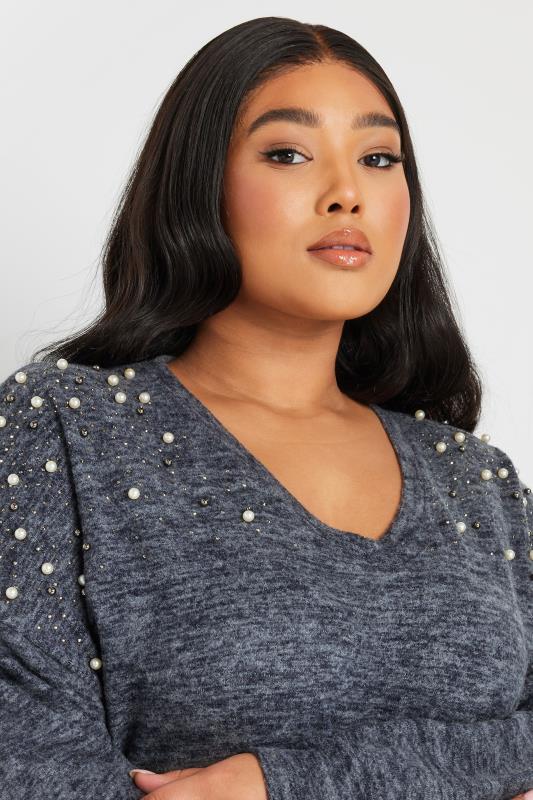 Evans YOURS Curve Navy Blue Pearl Embellished Jumper