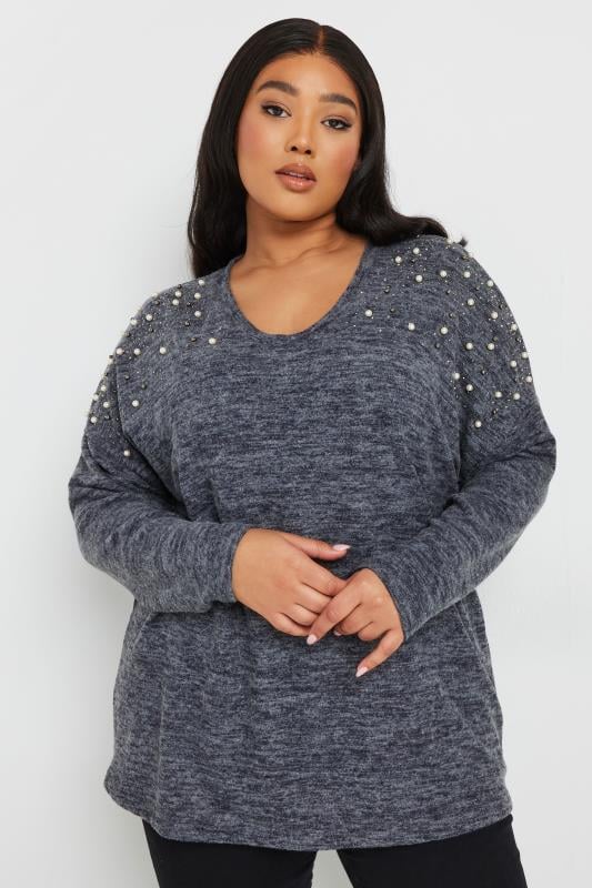 evans YOURS Curve Navy Blue Pearl Embellished Jumper