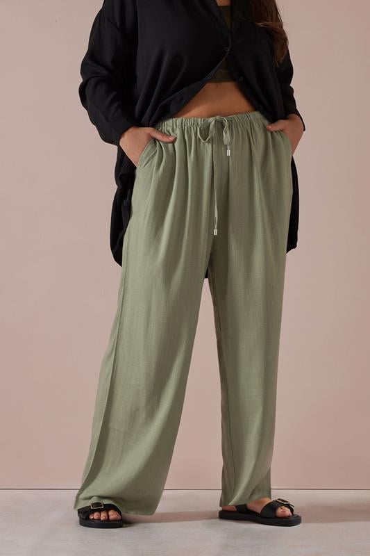 Evans YOURS Curve Olive Green Linen Tie Front Trousers