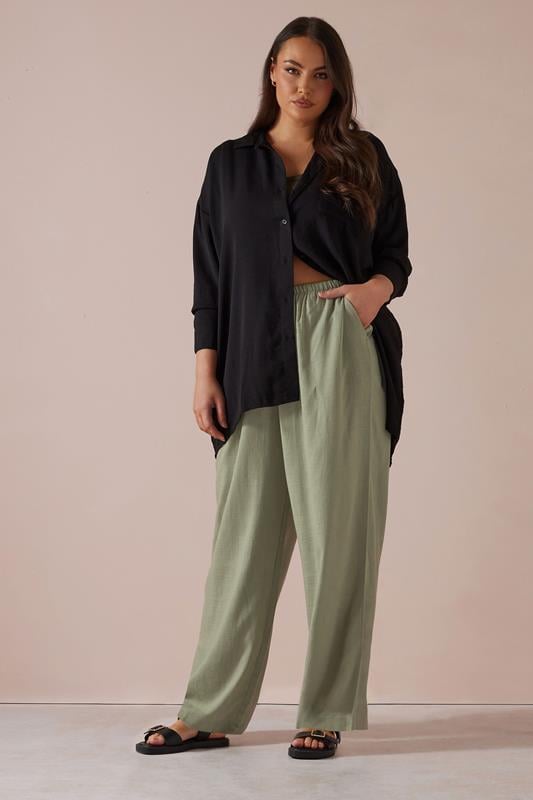 Evans YOURS Curve Olive Green Linen Tie Front Trousers