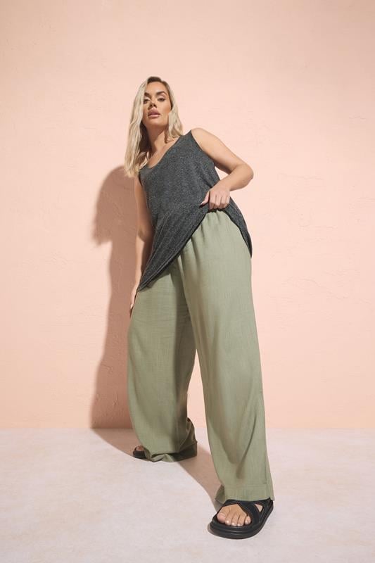 Evans YOURS Curve Olive Green Linen Tie Front Trousers