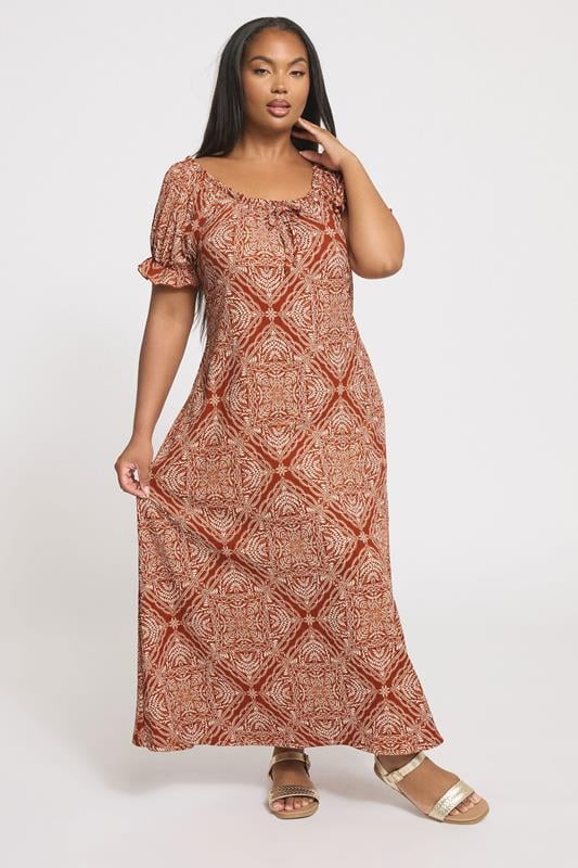 Evans YOURS Curve Rust Brown Paisley Textured Milkmaid Dress