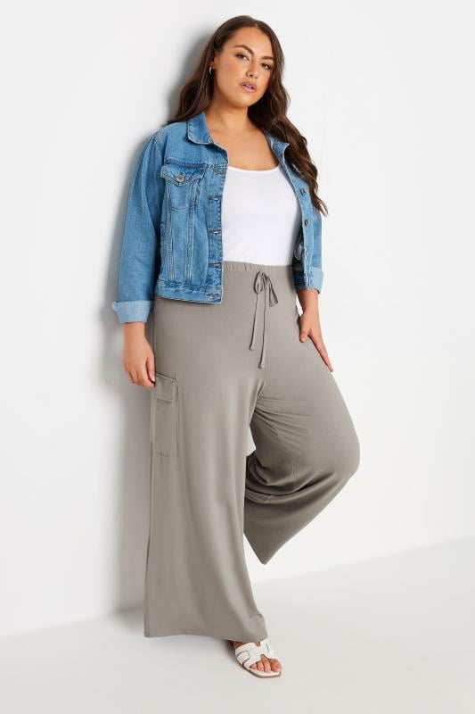 Evans YOURS Curve Stone Brown Jersey Wide Leg Cargo Trousers