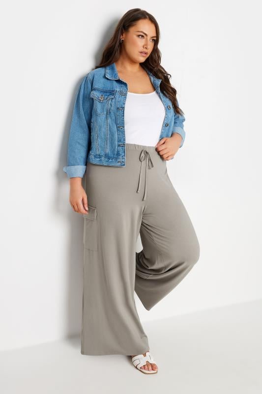 Evans YOURS Curve Stone Brown Jersey Wide Leg Cargo Trousers