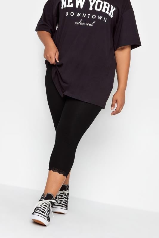 Evans YOURS FOR GOOD Curve Black Cotton Essential Lace Trim Crop Leggings
